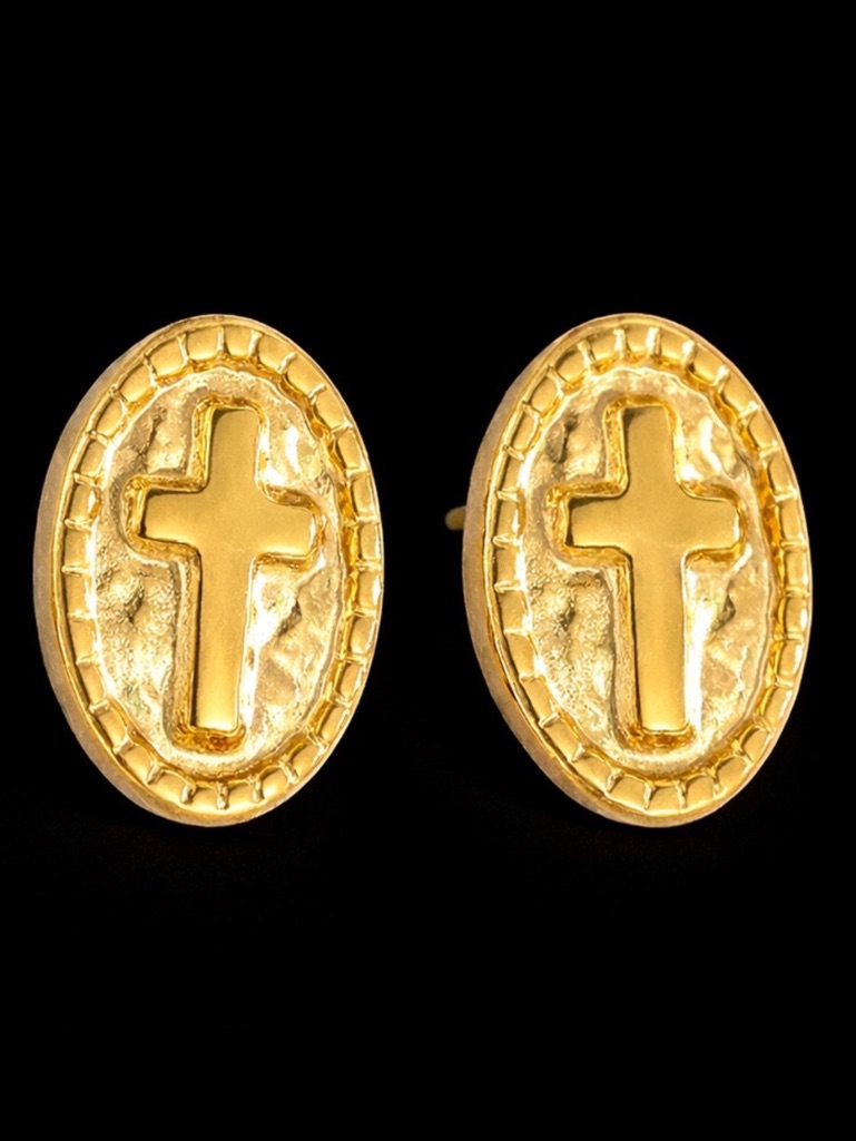 “Stone Textured Cross” Oval Ball Beaded Frame Christian Holy Gold Stainless Stud